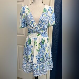 Angie White Dress with Blue & Green Floral Print